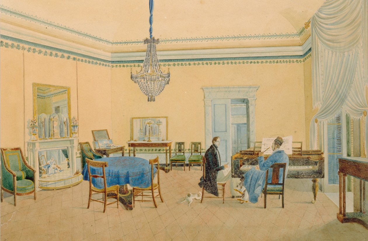 Interiör med figurer. Musikrummet, 1830-1839 av Unbekannt