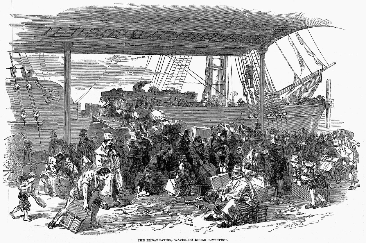 Irländska emigranter på väg till Amerika vid Waterloo Docks, Liverpool, 1850 av Unbekannt