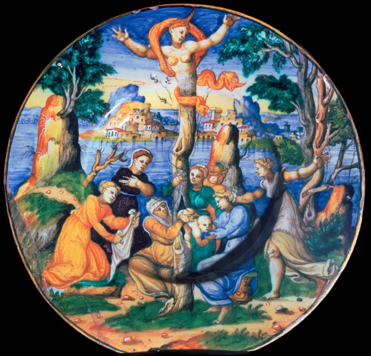 Italiensk lergodsplatta som visar Adonis födelse, ca 1500-talet av Unbekannt