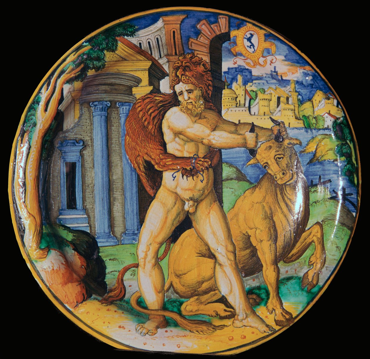 Italiensk lergodsplatta med en bild av Hercules och den kretensiska tjuren, 1500-talet av Unbekannt