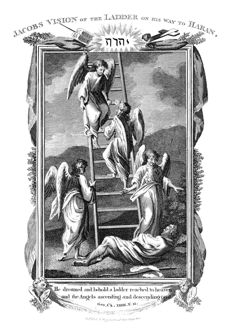 Jacobs drömmer om änglar som stiger upp och ner för stegen till himlen, c1808 av Unbekannt