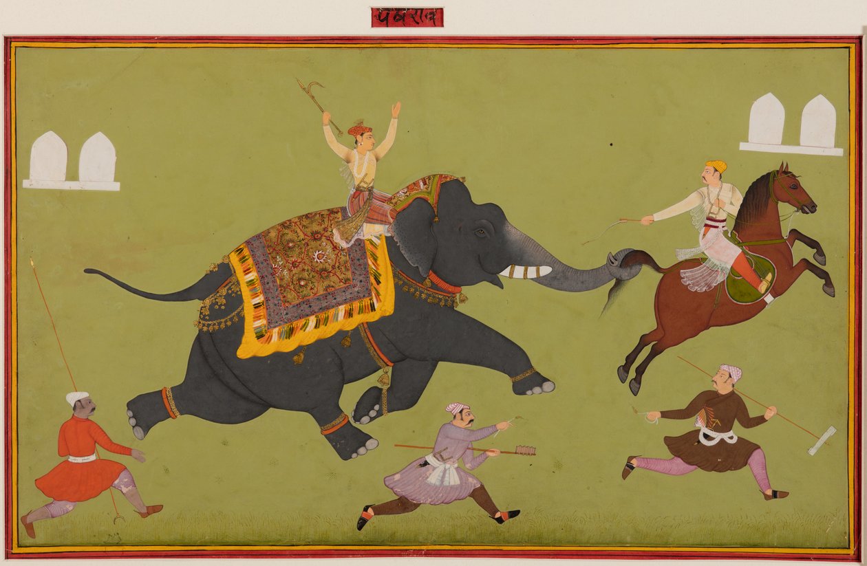 Jai Singhs elefant Pakhrao, gått amok och fångar en häst i svansen, ca. 1680. av Unbekannt