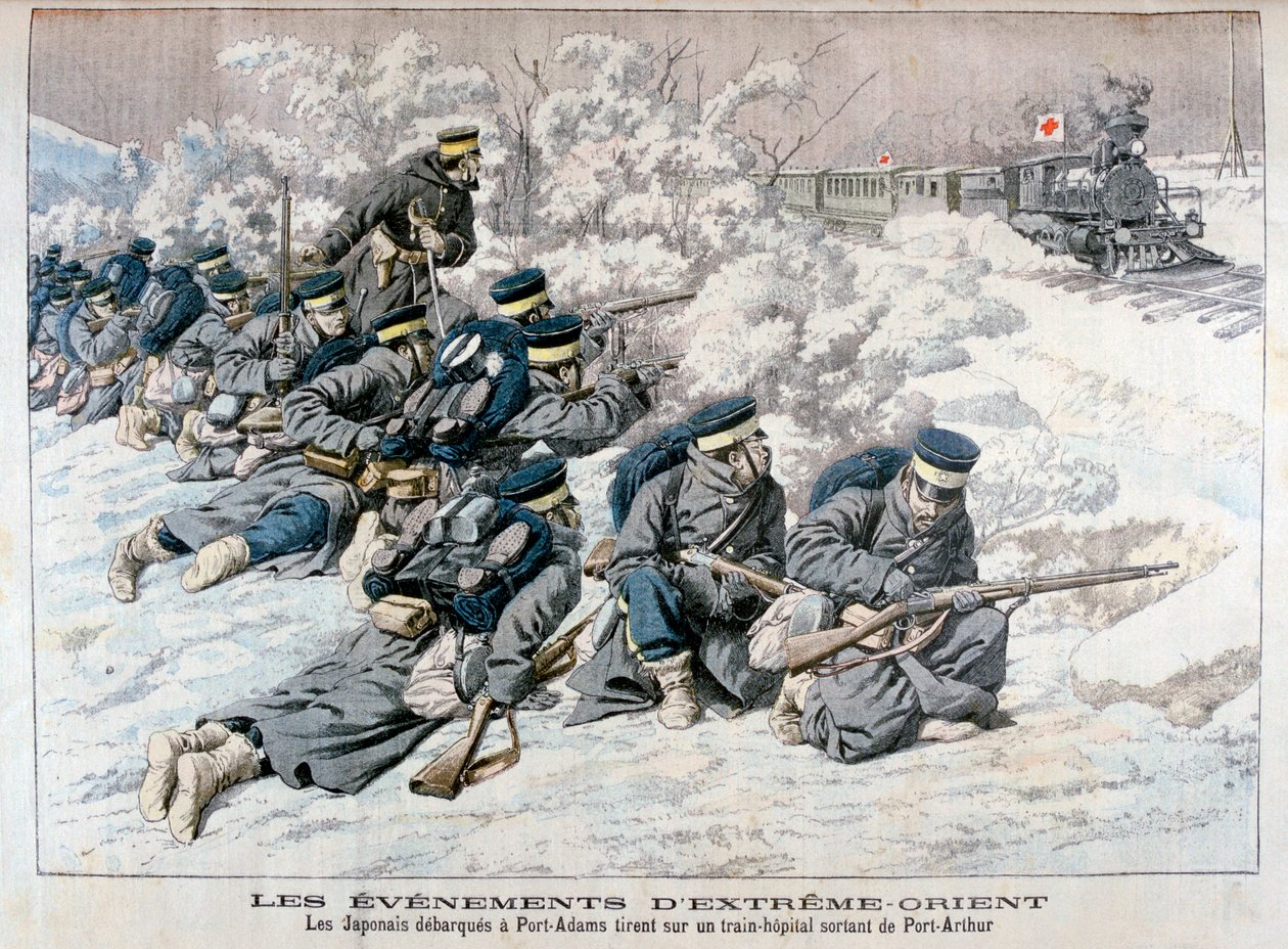 Japansk attack på ett sjukhuståg nära Port Arthur, Manchuriet, rysk-japanska kriget, 1904 av Unbekannt
