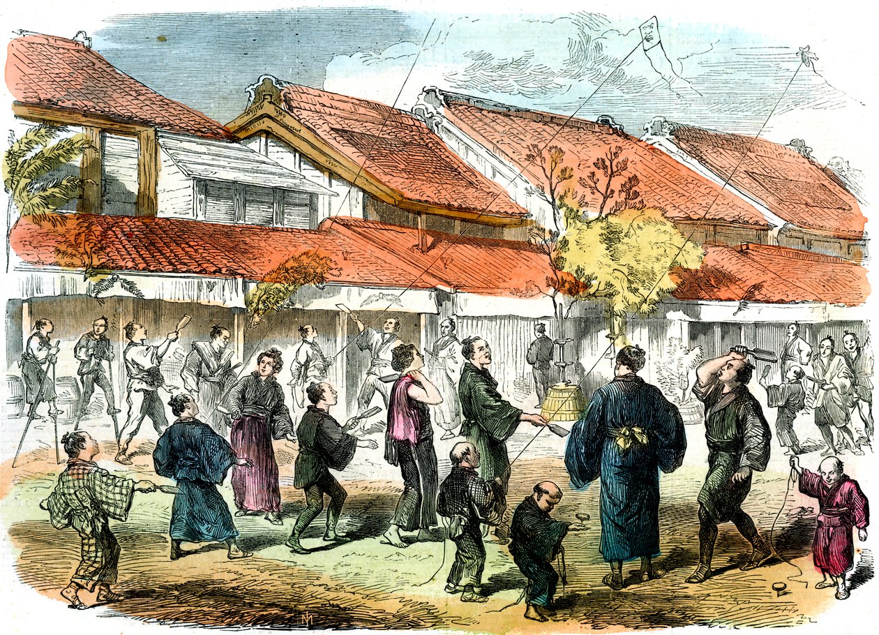 Japanskt spel med battledore och fjäderboll på gatorna i Yokohama, 1865 av Unbekannt