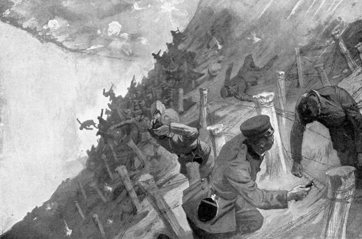Japanska trupper massakrerade korsande rysk taggtråd, rysk-japanska kriget, 1904-5 av Unbekannt