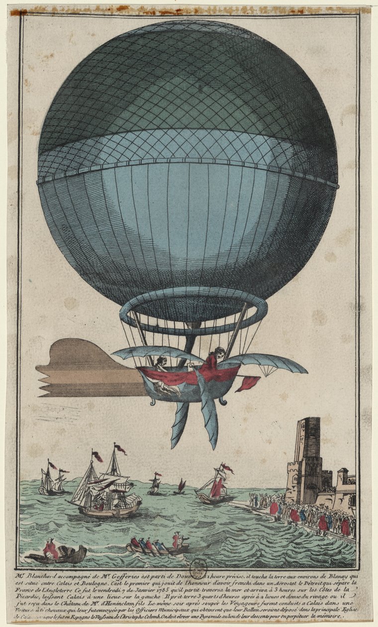 Jean Pierre Blanchard och John Jefferies anländer till Calais efter att ha korsat Engelska kanalen i en luftballong, 1785 av Unbekannt