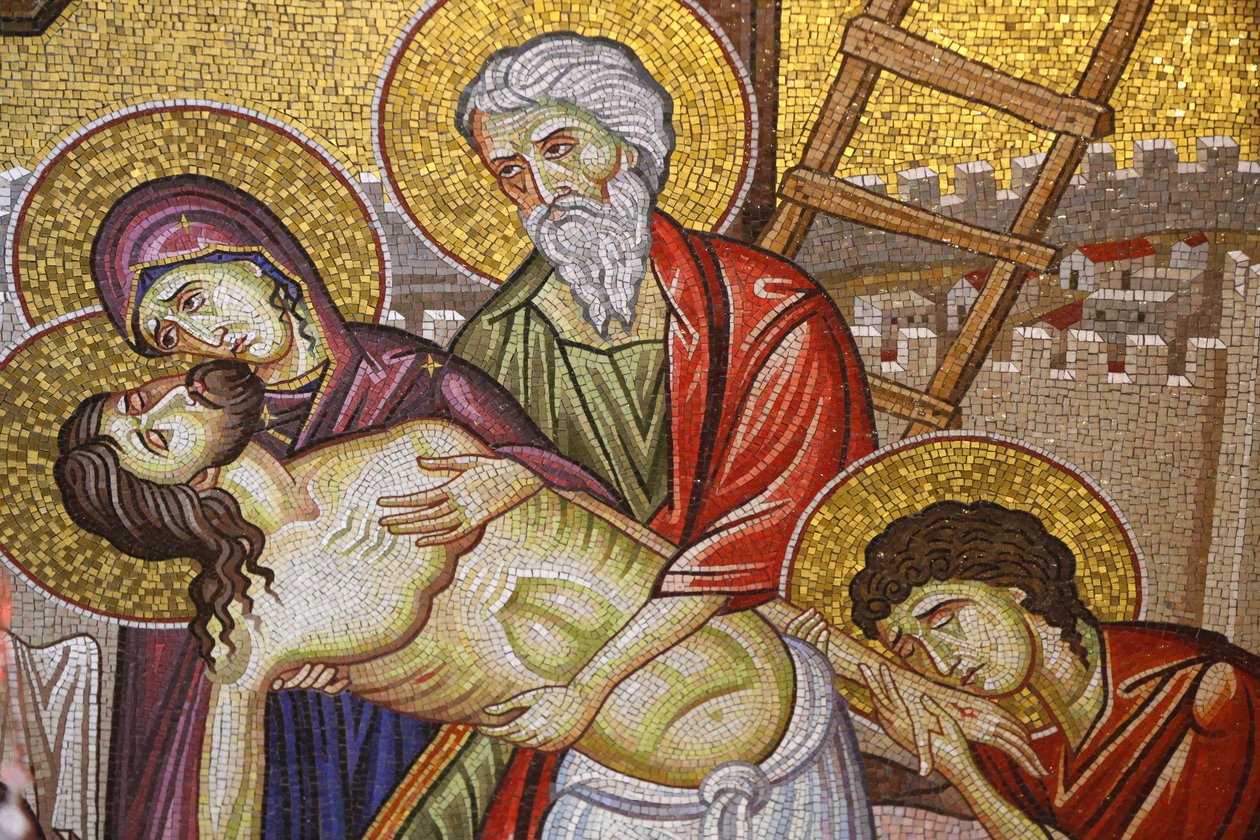 Jesus ner från korset, Detalj av mosaikkonst som skildrar begravningen av Jesus Kristus, Heliga gravskyrkan, Jerusalem, Israel av Unbekannt