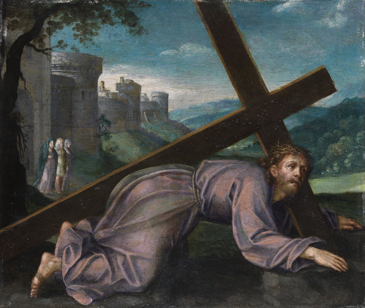 Jesus faller under korset. Norditaliensk målare från 1600-talet av Unbekannt
