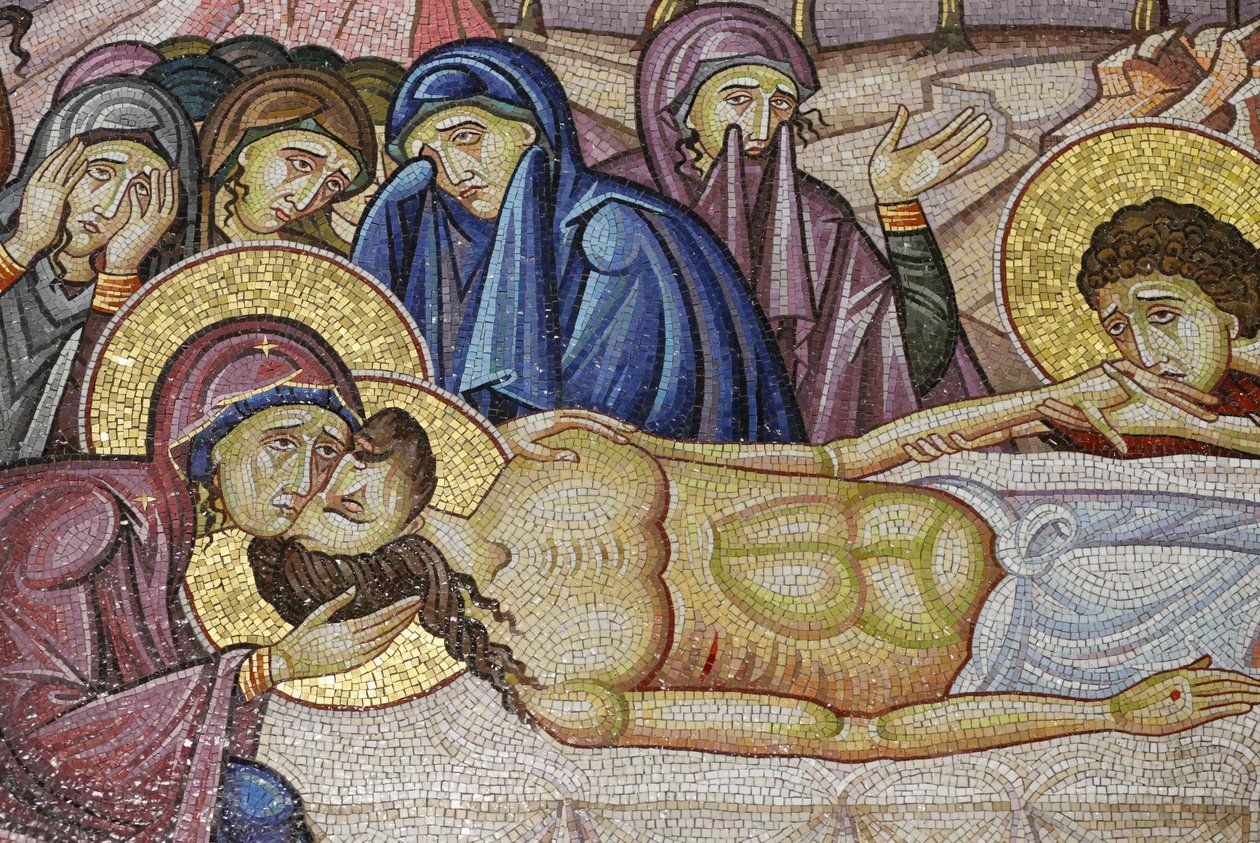Jesus lades på den nya graven av Josef av Arimatea, detalj av mosaikkonst som skildrar begravningen av Jesus Kristus, Heliga gravskyrkan, Jerusalem, Israel av Unbekannt