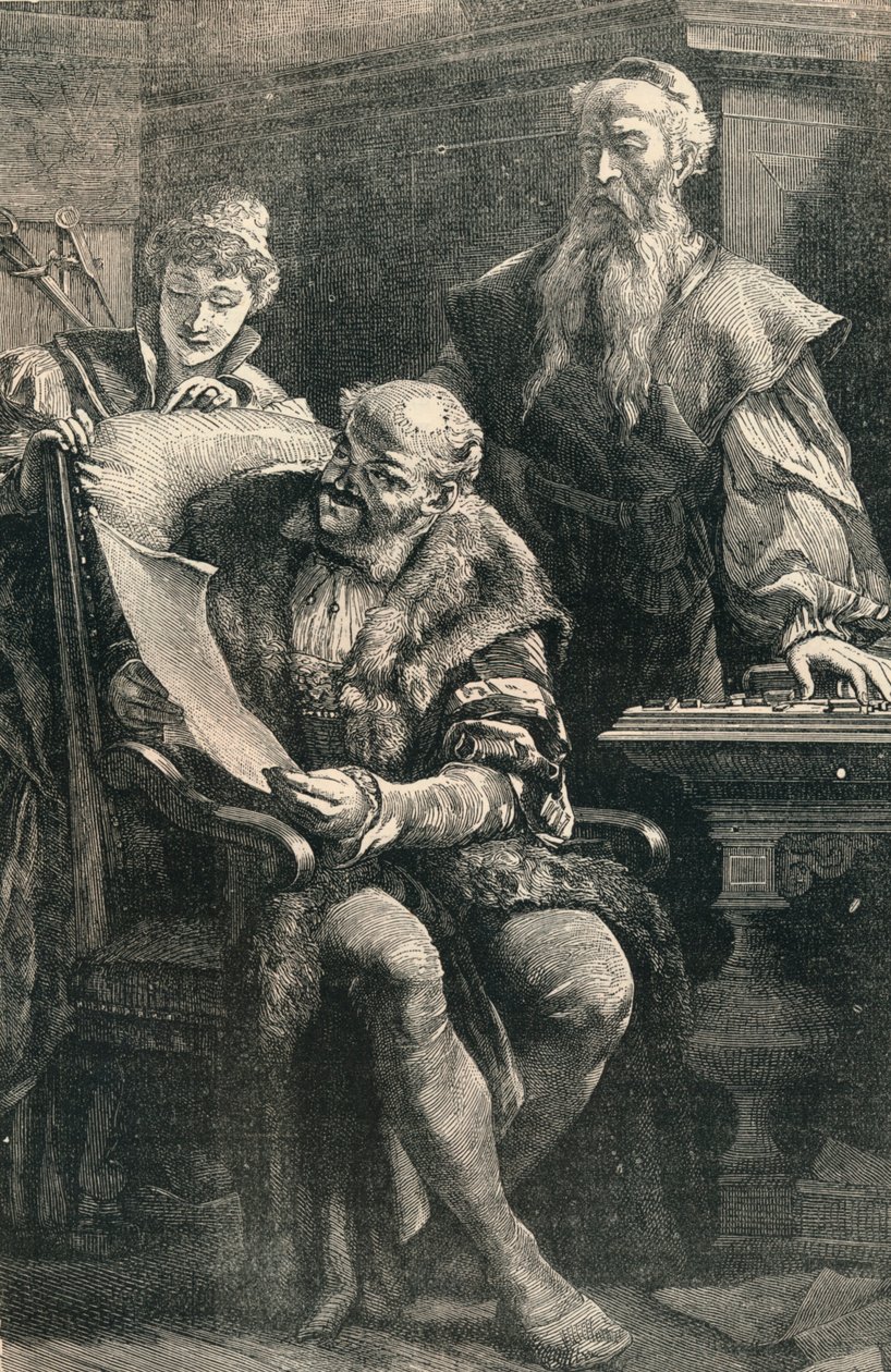 John Gutenberg visar en del av den första tryckta boken till Faust, 1300-talet, c1910 av Unbekannt