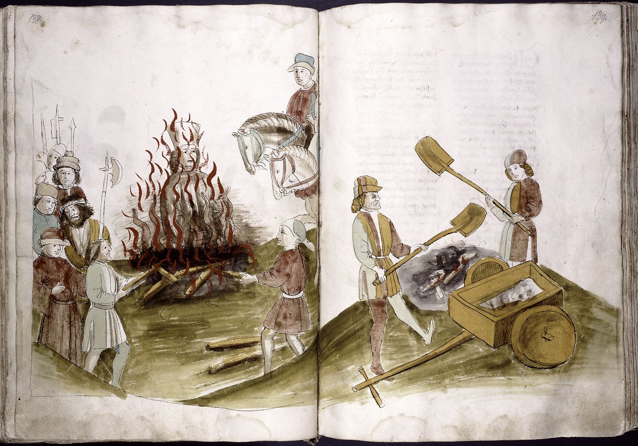 John Hus bränns på bål 6 juli 1415 och hans aska kastas i Rhen från: Ulrich Richental Chronicle of the Coun, 1414-1418 av Unbekannt