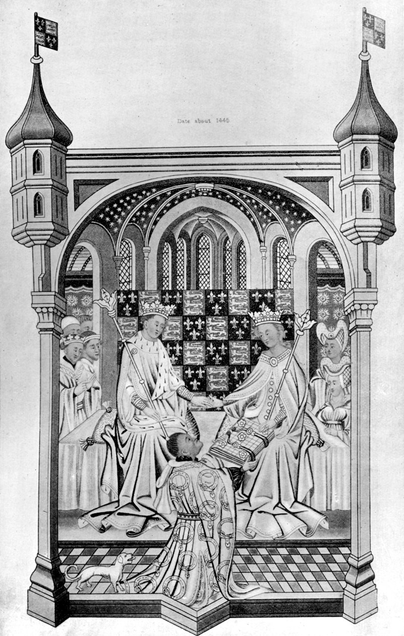 John Talbot, jarl av Shrewsbury, presenterar en bok för Margareta av Anjou, c1445, 1910 av Unbekannt
