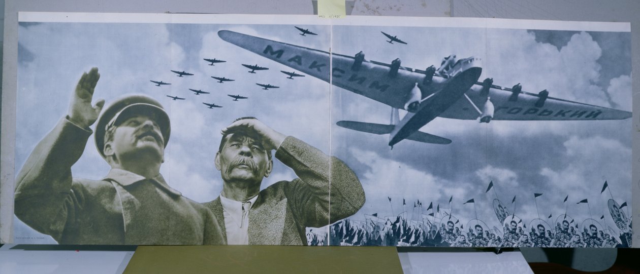 Joseph Stalin (1879-1953) och Maxim Gorky (1868-1936) observerar ett flygplan som bär namnet på författaren, illustration från 