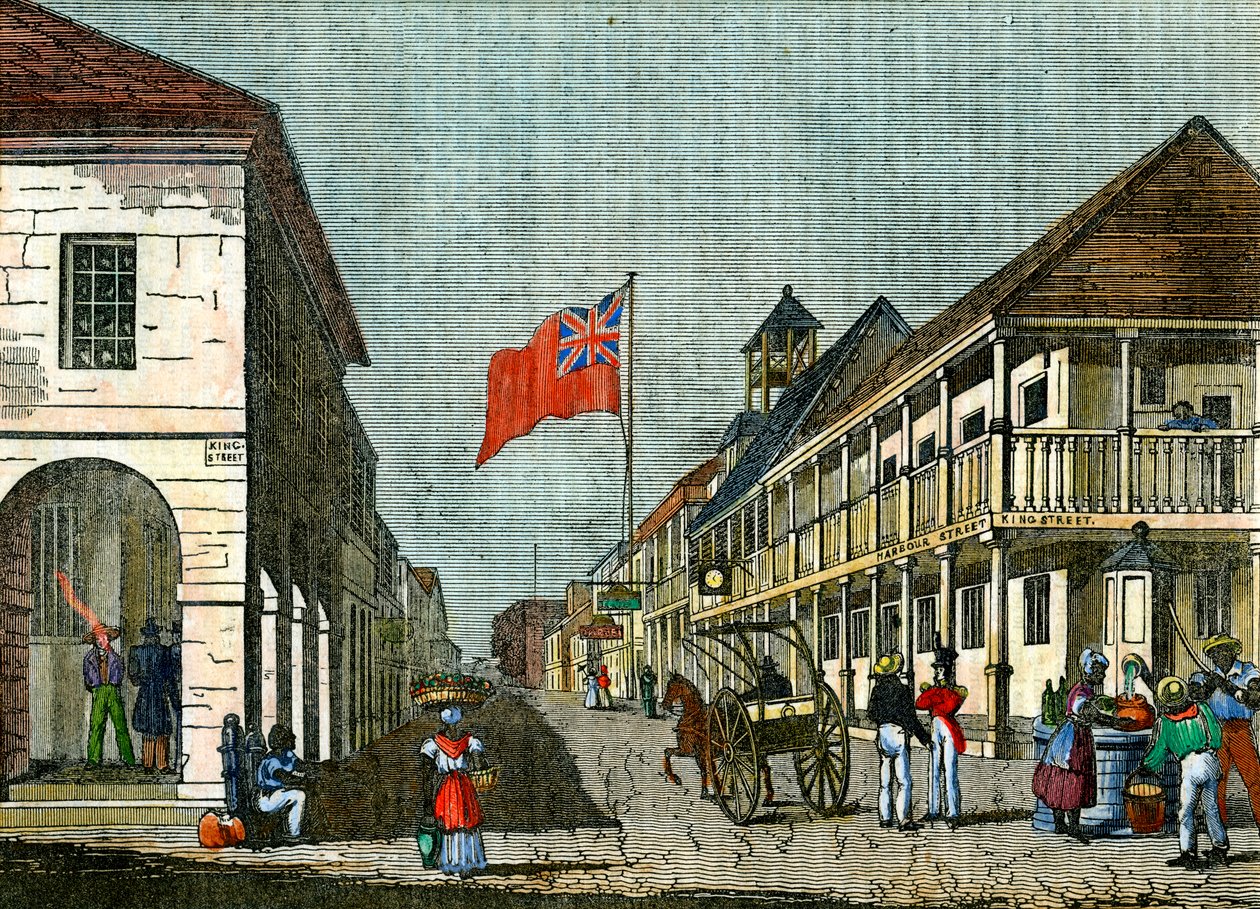 Korsningen mellan Harbour Street och King Street, Kingston, Jamaica, c1835 av Unbekannt
