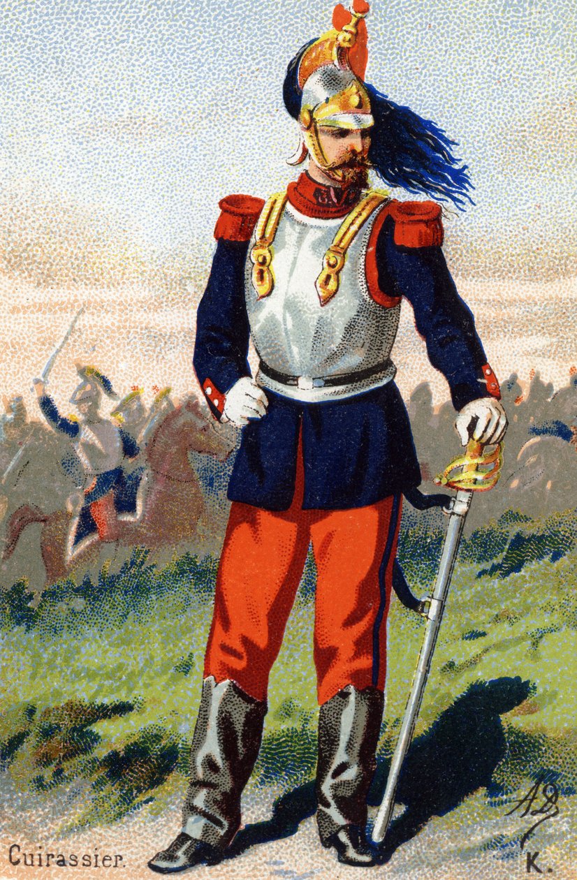K: Cuirassier. Gravyr i "Militäralfabetet". Illustratörens initialer: A. D. Okänd utgivare. Kromolitografier från slutet av 1800-talet. Mått: 10,5x7 cm. av Unbekannt