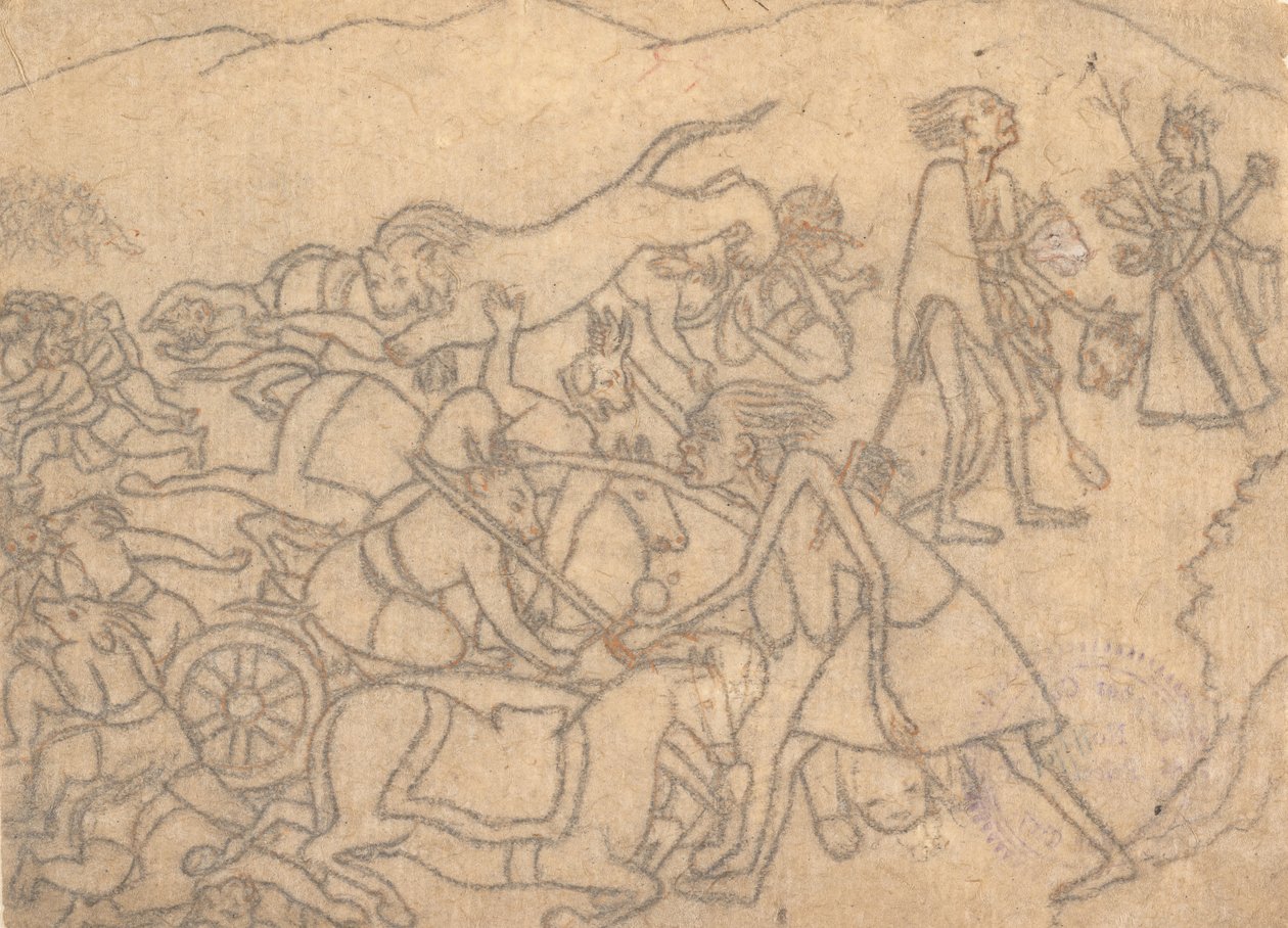 Kali presenterar cheferna för Chanda och Munda för Durga ... Devi Mahatmya ..., ca. 1780. av Unbekannt