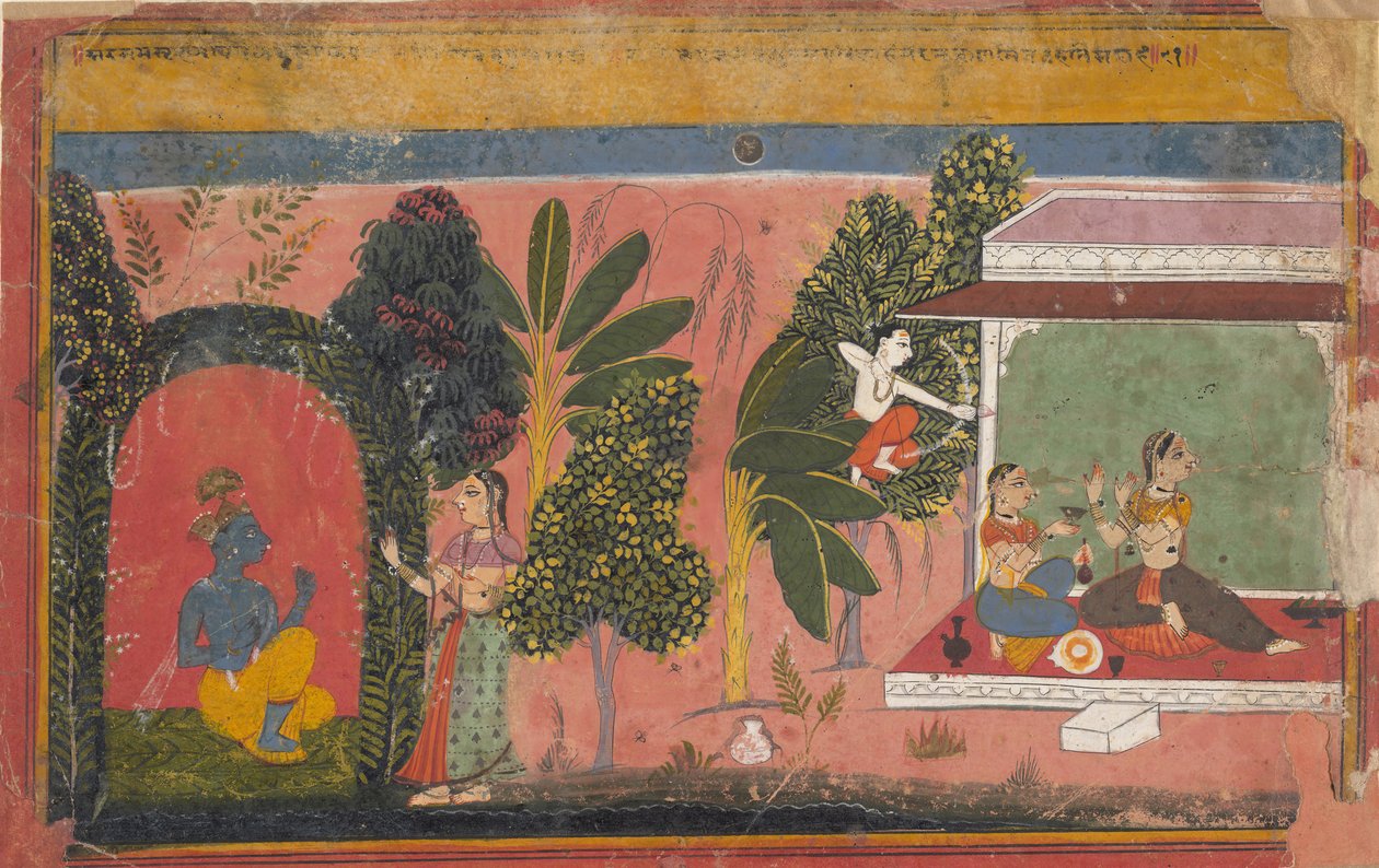 Kama riktar sin båge mot Radha: Sida från en spridd Gita Govinda Loves of Krishna, ca. 1695. av Unbekannt
