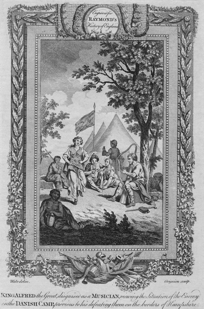 Kung Alfred den Store, förklädd till musiker, tittar på fiendens situation, c1787 av Unbekannt