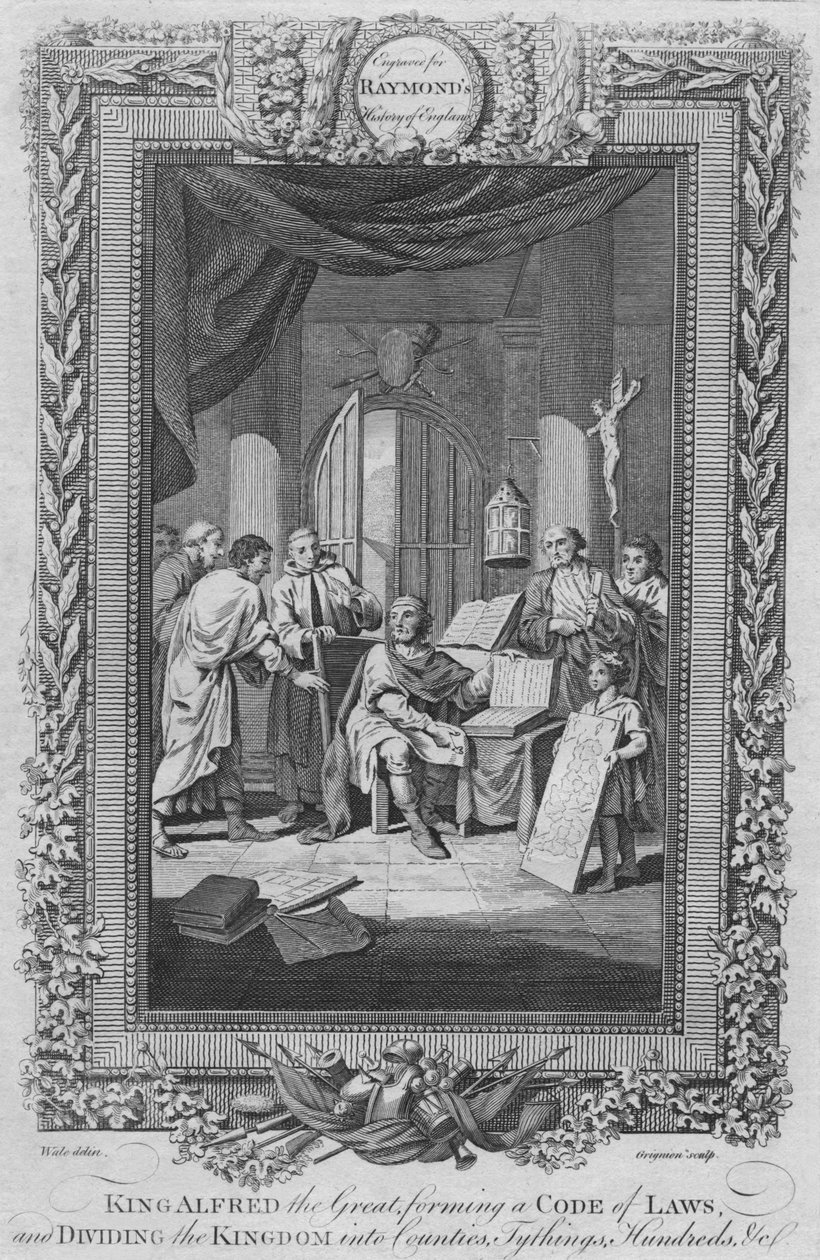 Kung Alfred den store, bildade en lagkod och delade kungariket i grevskap, c1787 av Unbekannt