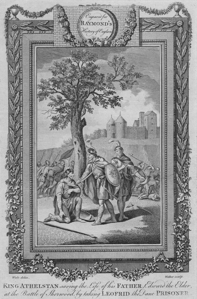 Kung Athelstan räddade livet på sin far, Edward den äldre i slaget vid Sherwood, c1787 av Unbekannt