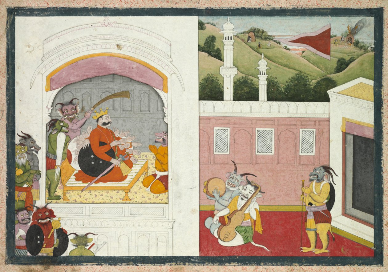Kung Bana njuter av musik i sitt hov, från Usha-Aniruddha-delen av en Krishna Lila, ca. 1760-17 av Unbekannt