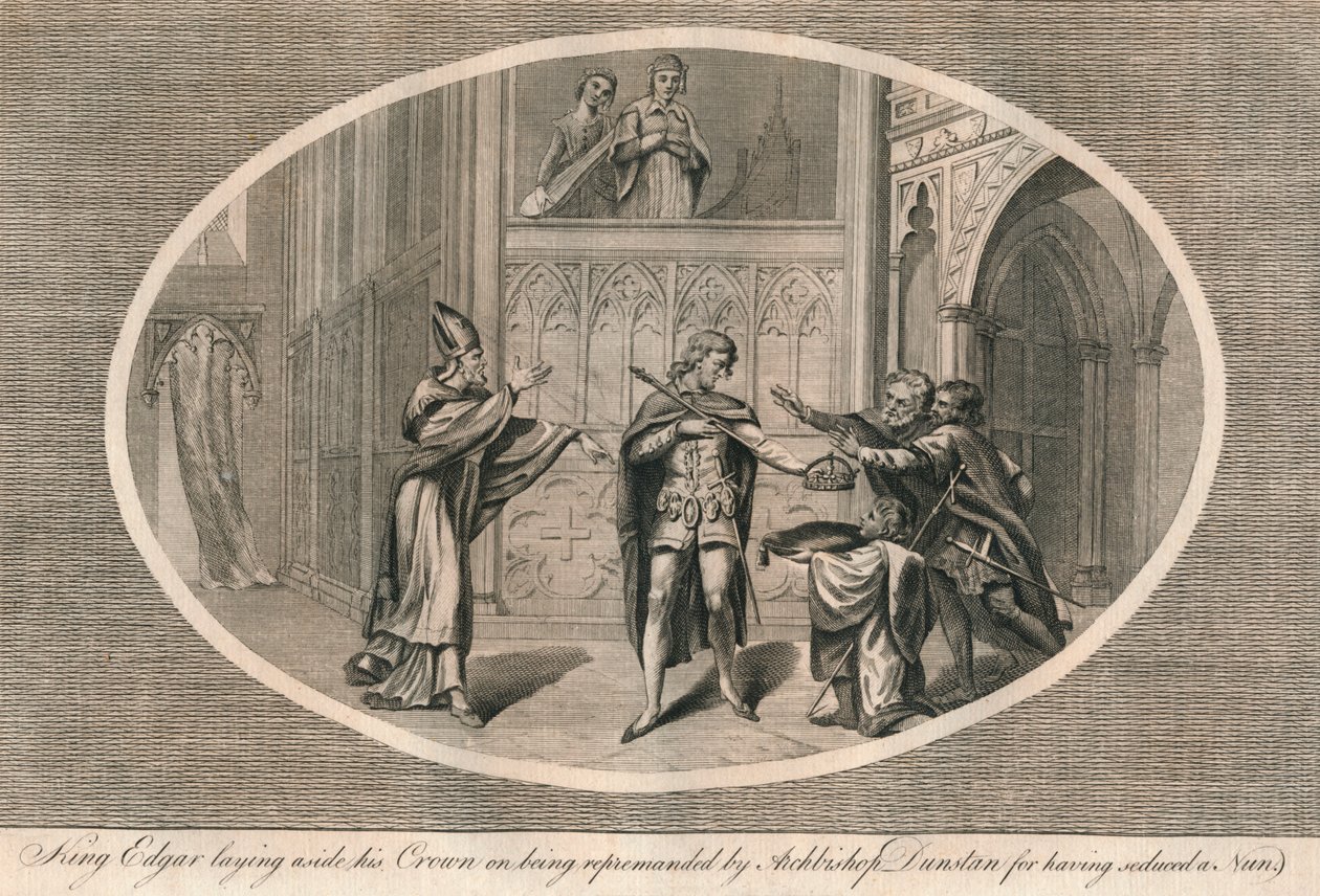 Kung Edgar lägger undan sin krona efter att ha blivit tillrättavisad av ärkebiskop Dunstan, c960-talet 1793 av Unbekannt