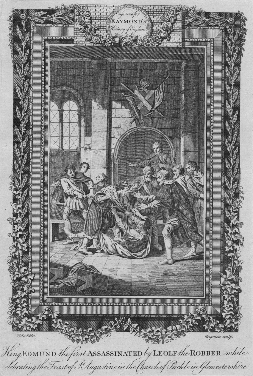 Kung Edmund den förste mördad av Leolf the Robbe, c1787 av Unbekannt