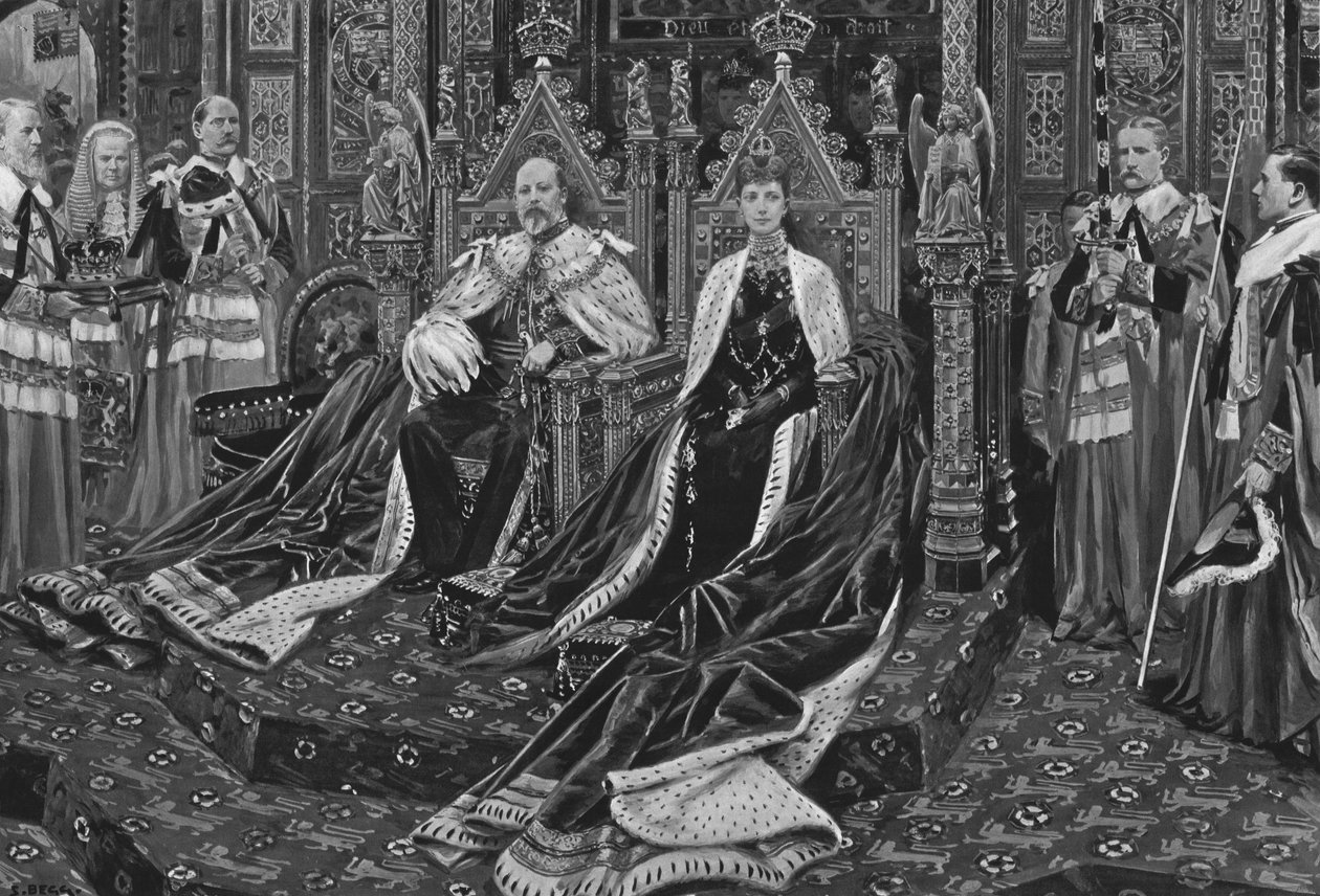 kung Edward VII. Och drottning Alexandra vid invigningen av Hans Majestäts första parlament, 1901. av Unbekannt