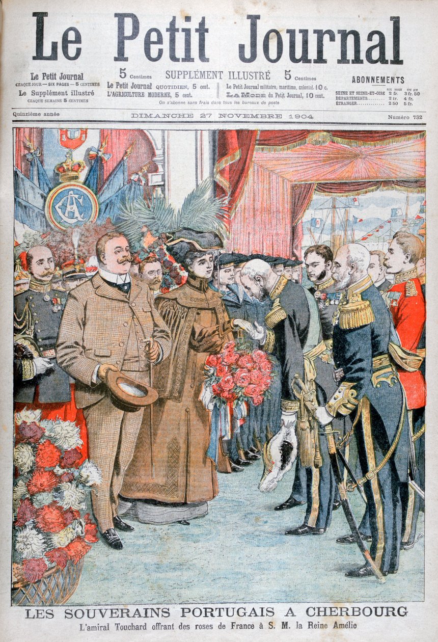 Kung och drottning av Portugal, överlämnad med blommor av amiral Touchard, 1904 av Unbekannt