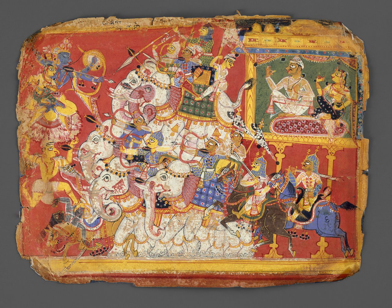 Krishna slåss mot demonens arméer Naraka: Sida från ett Bhagavata Purana-manuskript, ca. 1540. av Unbekannt