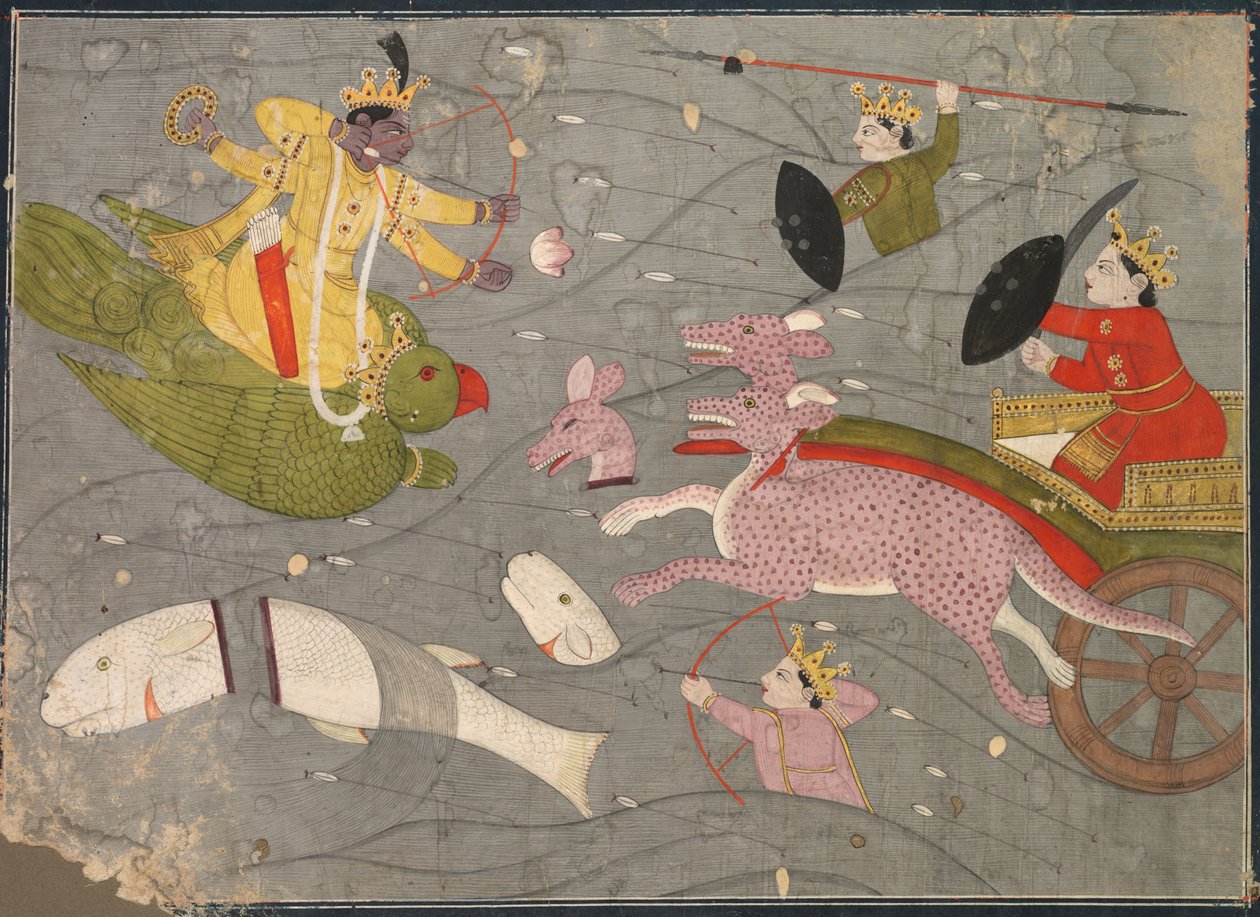 Krishna Fighting Vanasuras Sons: Scen från Aniruddha Usha-sektionen av Krishna Lila, ca. 1840. av Unbekannt