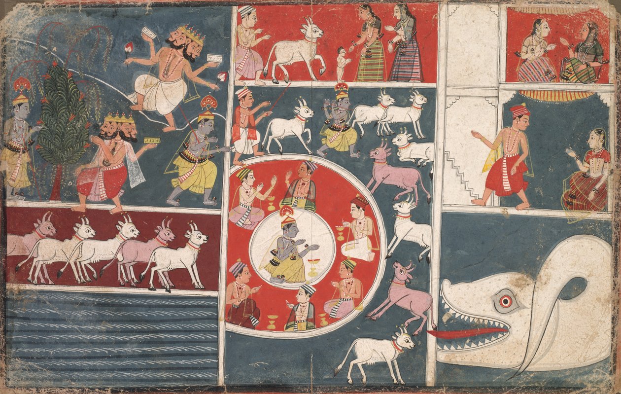 Krishna spelar flöjten och andra avsnitt från Bhagavata Purana, ca. 1650. av Unbekannt
