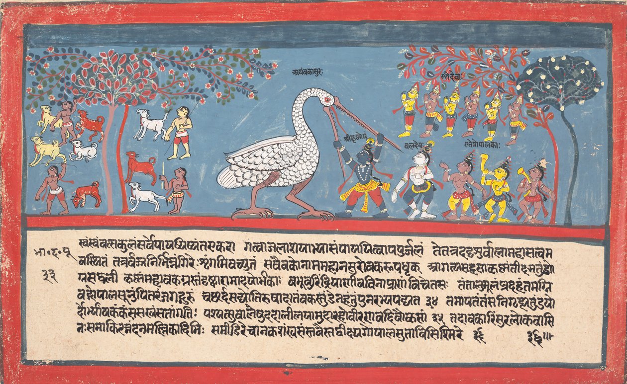 Krishna dödar Bakasura, trandemonen..., från en dispers Bhagavata Purana..., 1800-1825. av Unbekannt