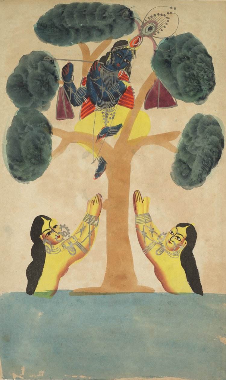 Krishna stjäl kläderna från Cowgirls Gopis, 1800-talet. av Unbekannt