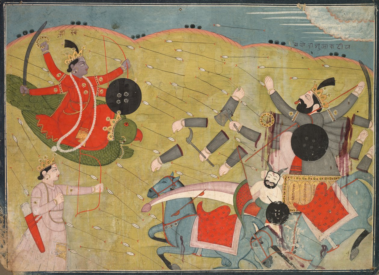 Krishna Vanquishing Vanasura: Scen från Aniruddha Usha-sektionen av Krishna Lila, ca. 1840. av Unbekannt