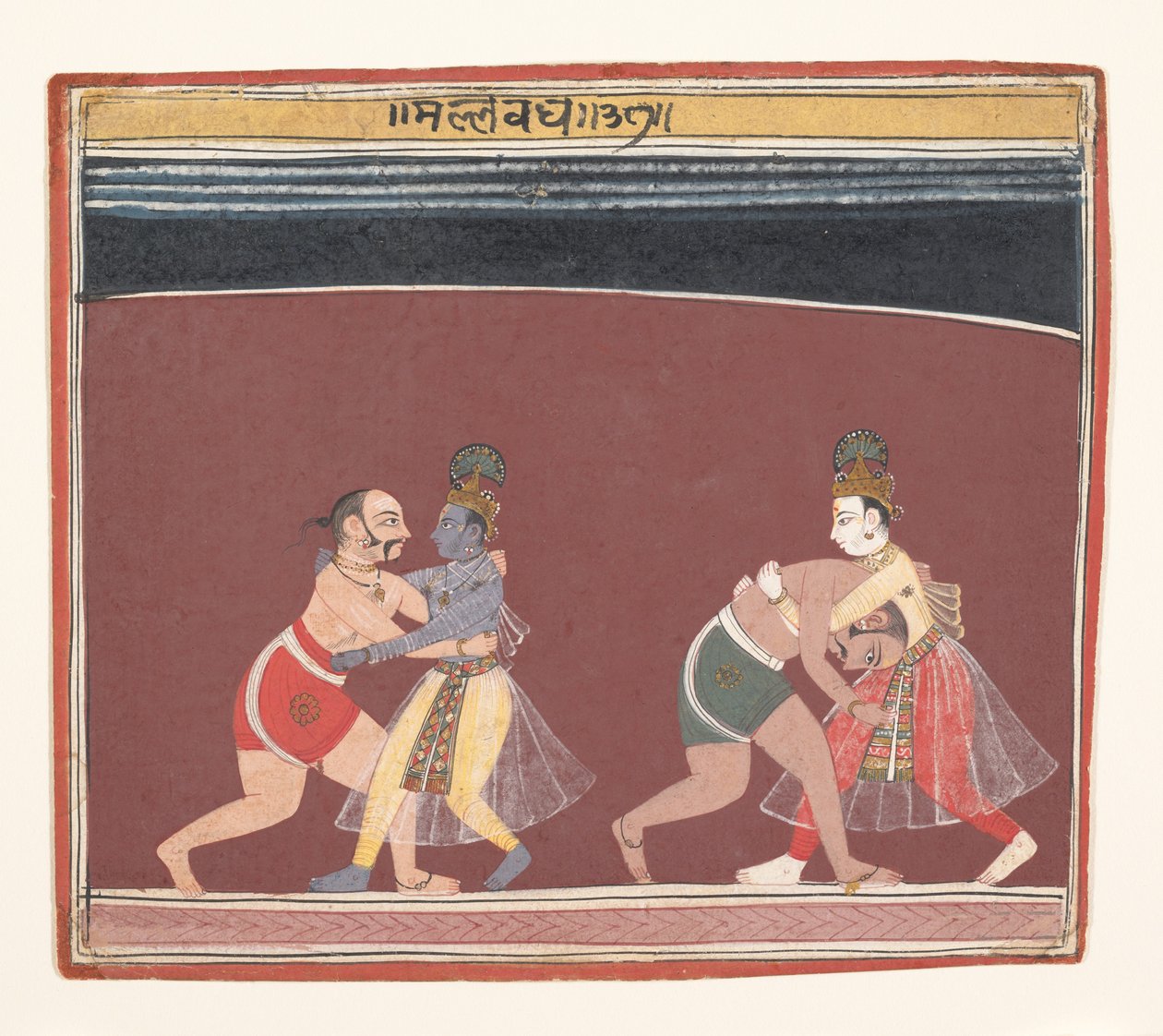 Krishna och Balarama slåss mot den onda kungen Kamsas brottare..., ca. 1650. av Unbekannt
