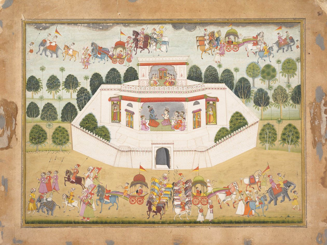Krishna och Balarama inom ett muromgärdat palats: Sida från en Dispersed Bhagavata Purana..., ca. 1700. av Unbekannt