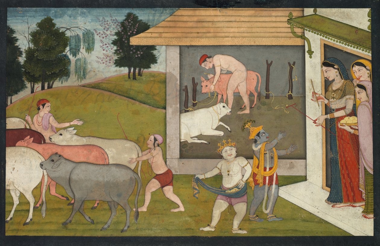 Krishna och Lakshmana tar boskapen ut på bete, sida från Bhagavata Purana, ca. 1780-1790. av Unbekannt