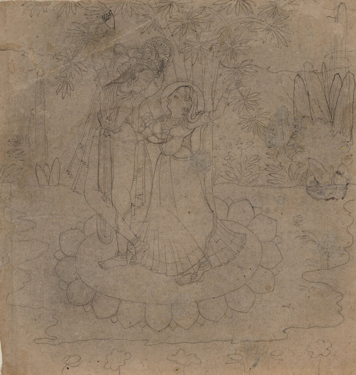 Krishna och Radha står på en lotus, sent 1800-tidigt 1900-tal. av Unbekannt