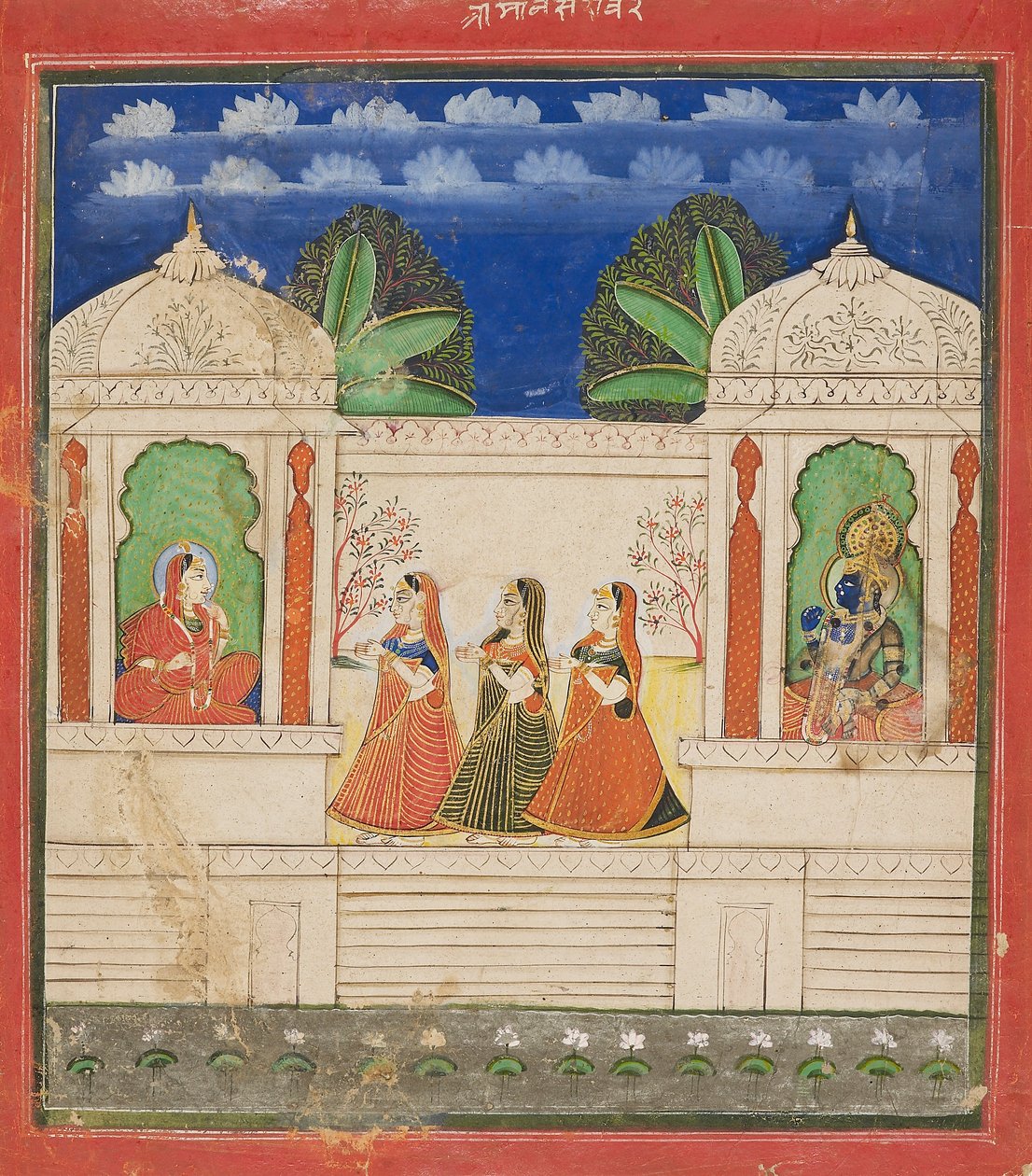 Krishna och Radha i två paviljonger, 1800-talet av Unbekannt