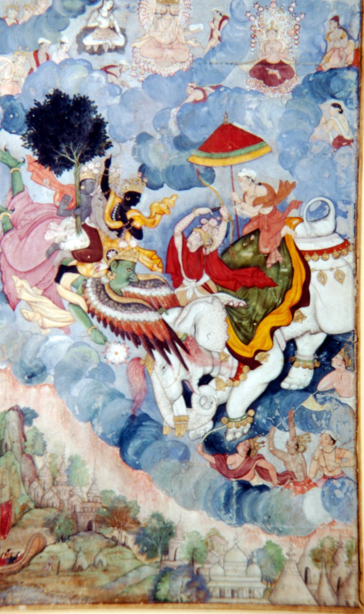 Krishna, som rider på Fågelguden Garuda, slåss mot Guden, Indra på en elefant, c1590. av Unbekannt