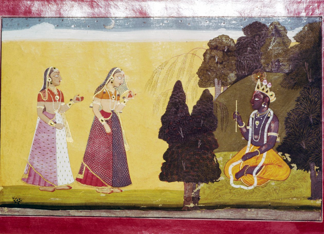Krishna med flöjt, uppsökt av två damer av Unbekannt