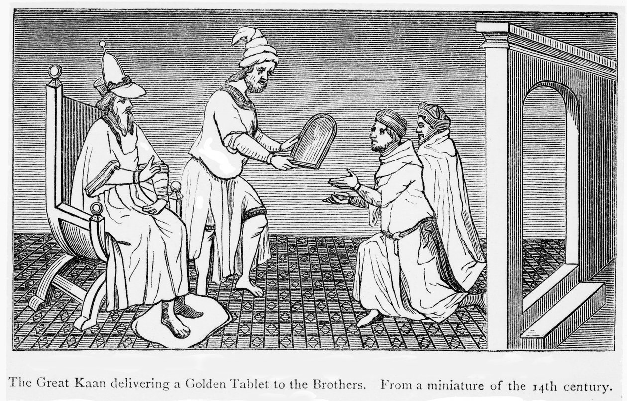 Kublai Khan ger en gyllene tablett som säkerställer säker passage till Niccolo och Maffeo Polo (gravyr) av Unbekannt