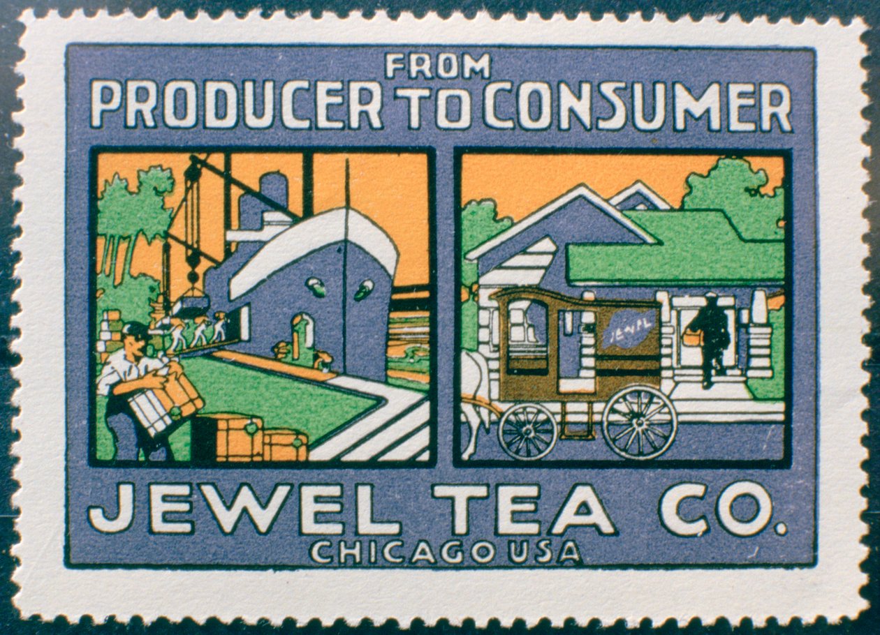 Etikett som annonserar Jewel Tea Co i Chicago, USA av Unbekannt
