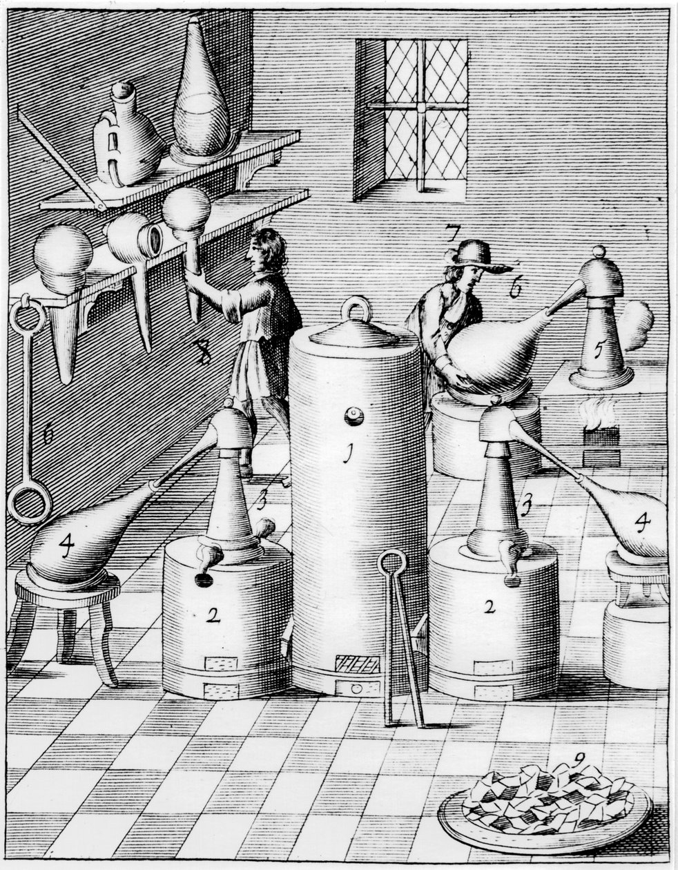 Laboratorium för raffinering av guld och silver, visar typisk laboratorieutrustning, 1683 av Unbekannt