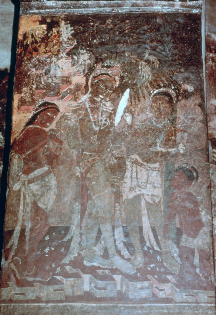 Dam på hennes toalett, fresk i grottan, Ajanta, Indien. 1:a-5:e århundradet. 1900-talet av Unbekannt