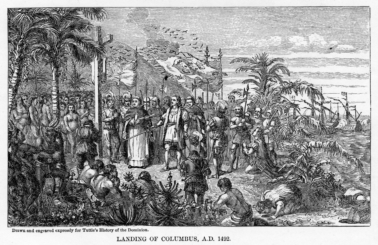Landstigning av Columbus, AD 1492, 1877 av Unbekannt