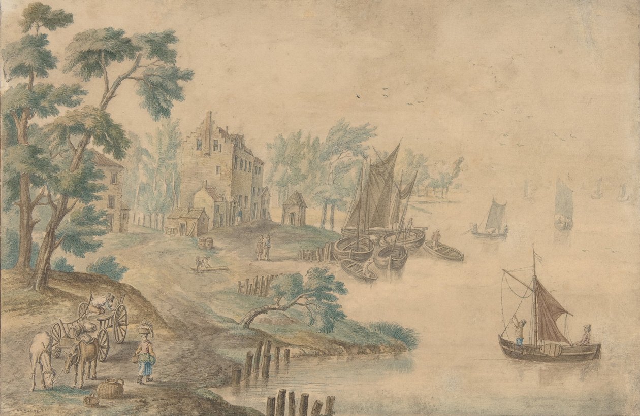 Landskap med hästar och vagnar och en flod till höger, 1700-talet. av Unbekannt