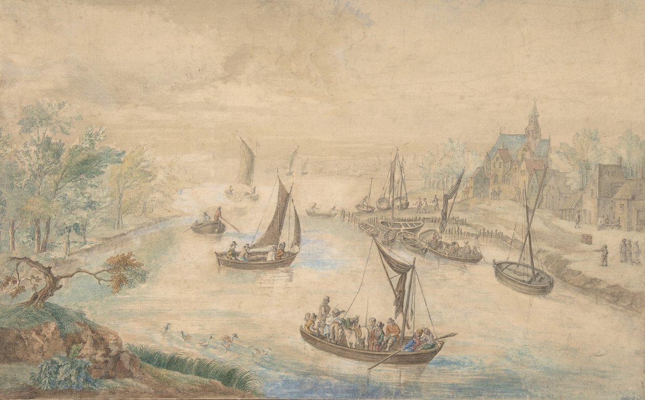 Landskap med flod i centrum, med färja, 1700-tal. av Unbekannt