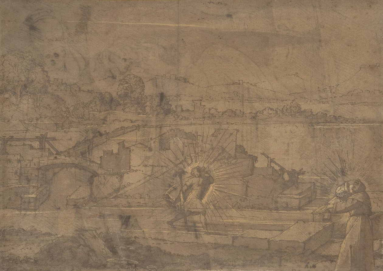 Landskap med Sankt Kristofer och manlig klosterhelgon recto..., 1500-talet. av Unbekannt